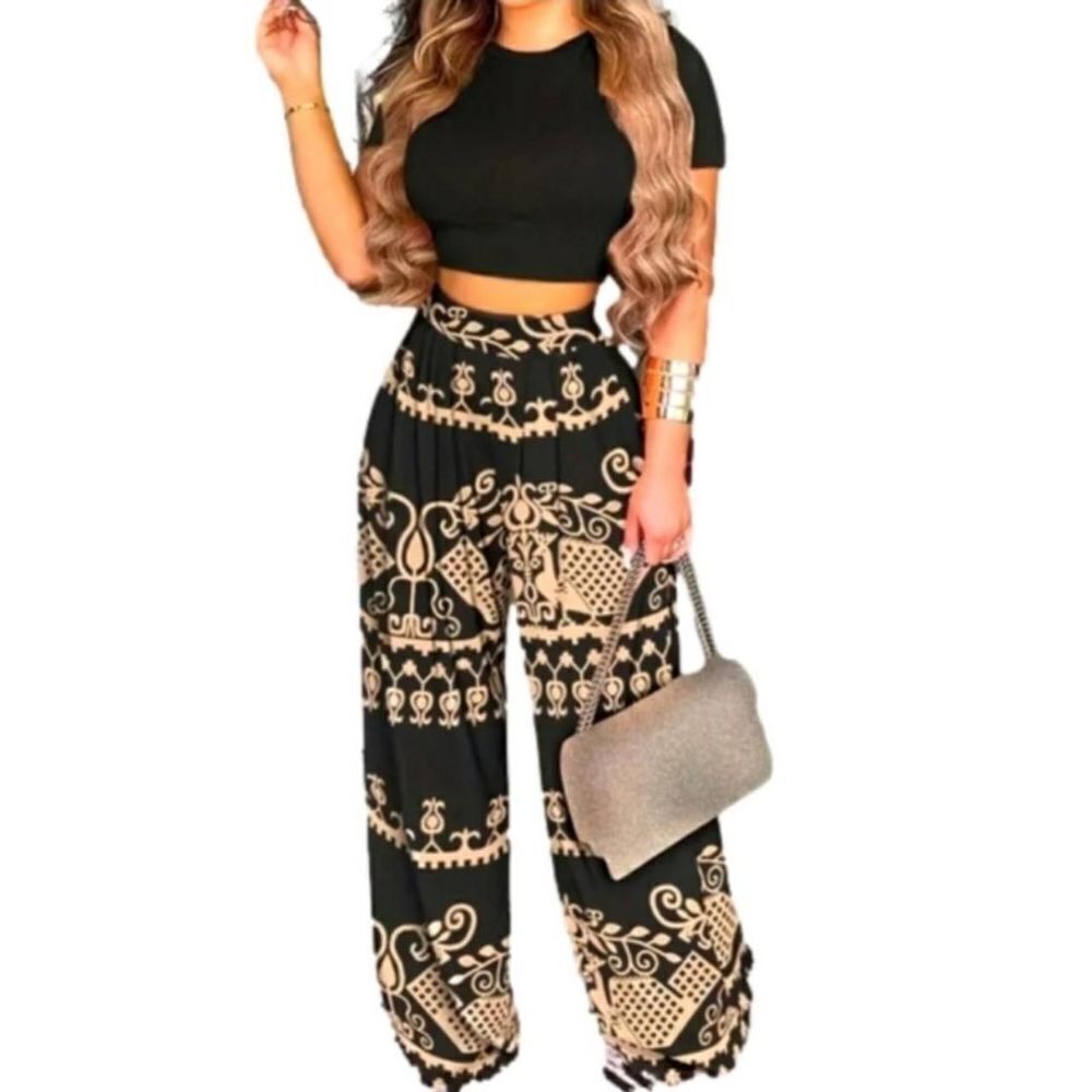 Ladies Bohemian Geo Print Two Piece Pant And Crop Top set